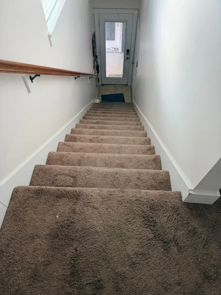 Carpeted stairs to white oak treads before remodel