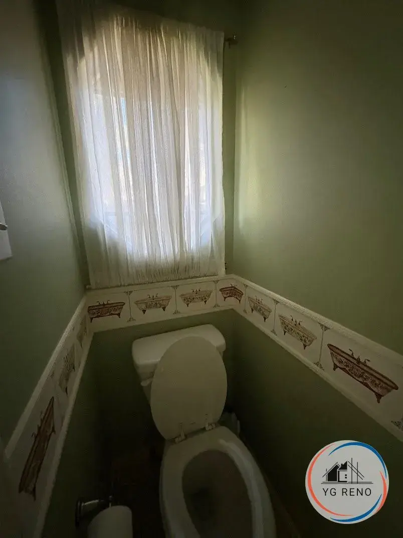 Toilet room refresh with built-in shelving before remodel